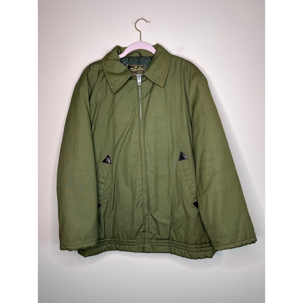 1950s Timber King Army Olive Green Quilted Cotton Canvas Collar Hooded Jacket 2X